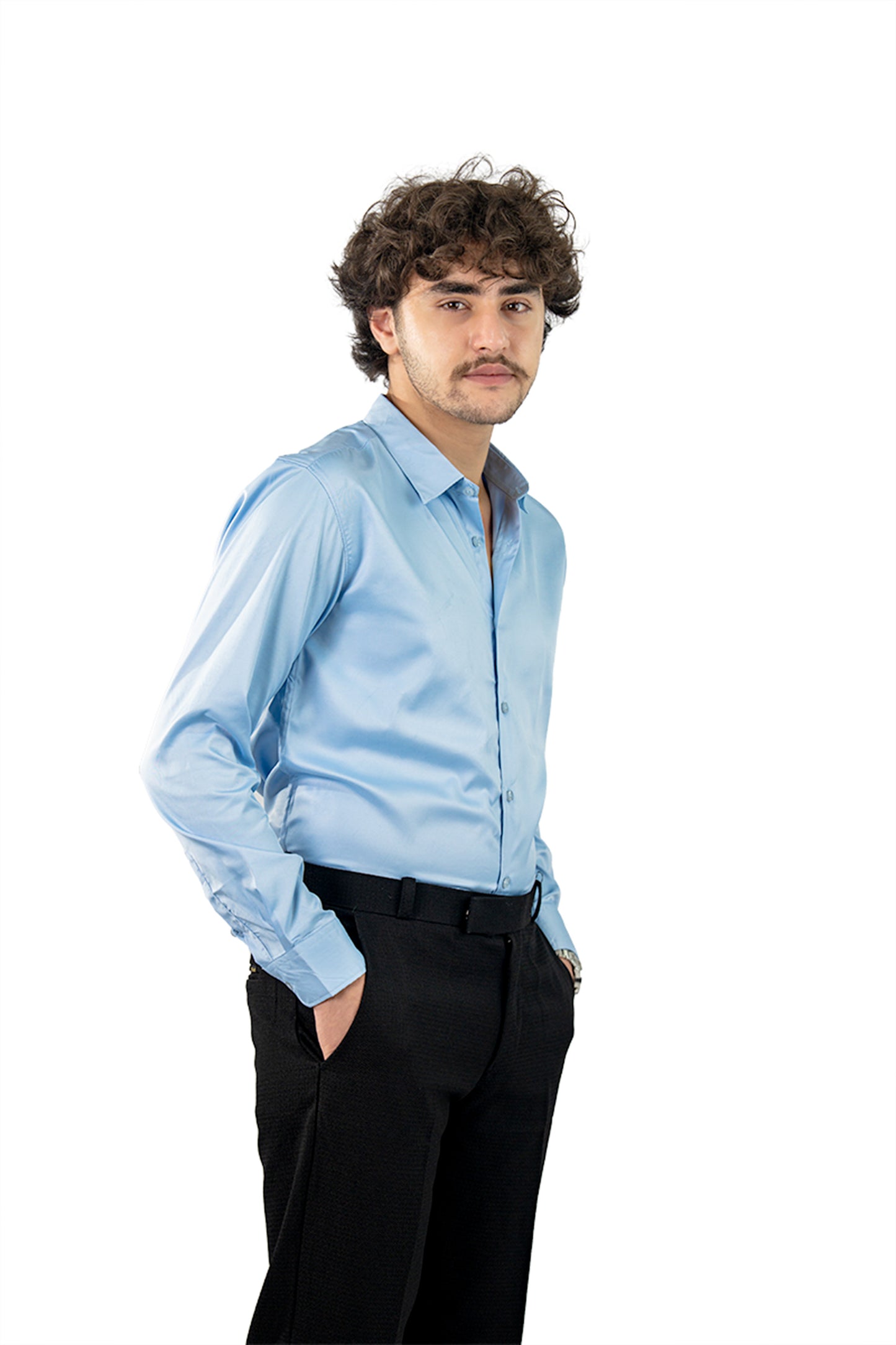Light Blue Blue Men's Satin Slim Fit Shirt
