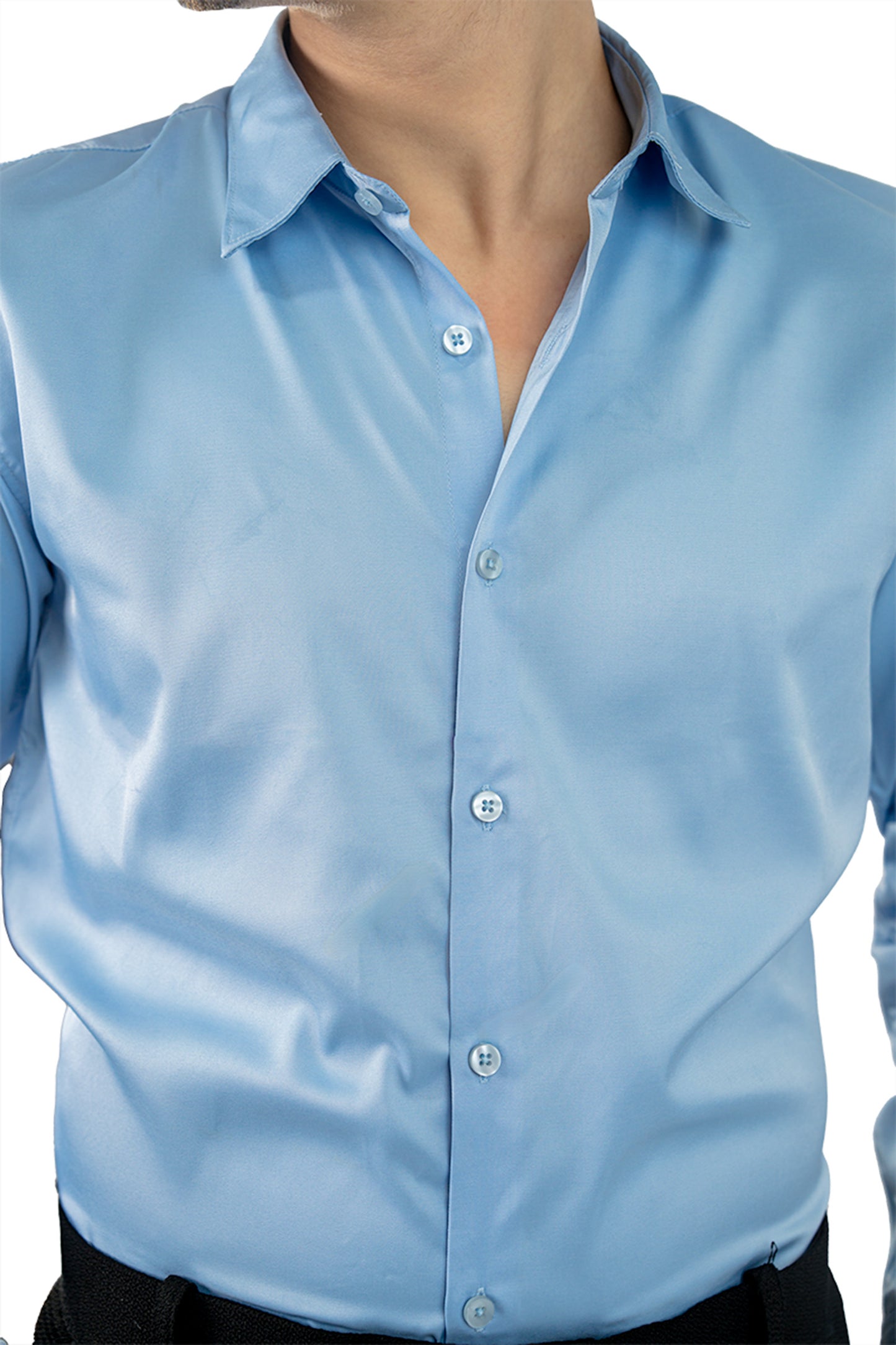 Light Blue Blue Men's Satin Slim Fit Shirt