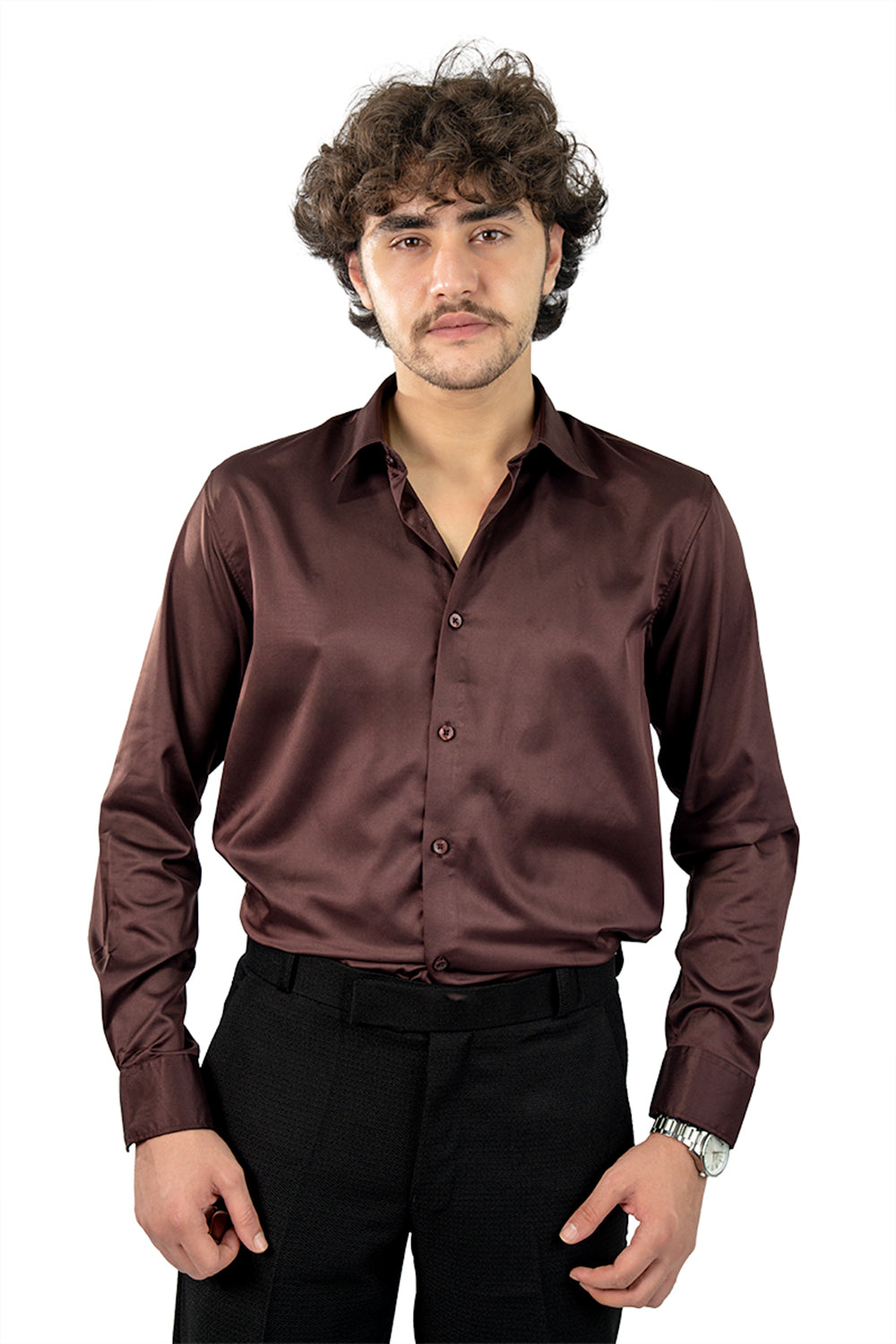 Brown Men's Satin Slim Fit Shirt