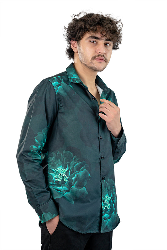 Dark Green Floral Men's Digital Satin Printed Shirt