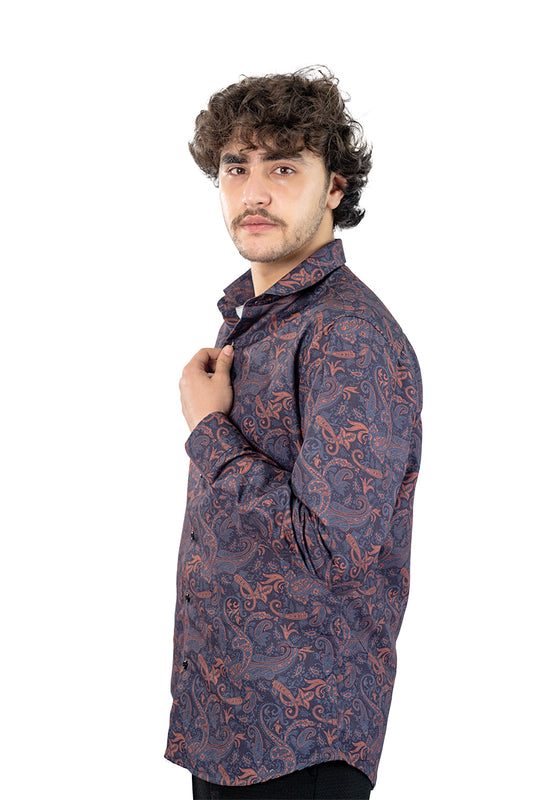 Navy Paisley Men's Digital Printed Satin Slim Fit Shirt
