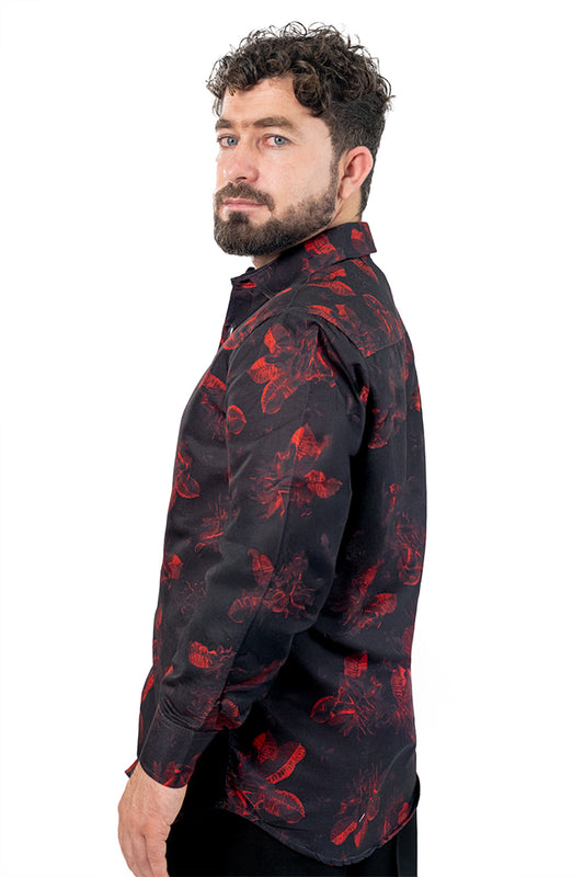 Black Floral Men's Digital Printed Satin Slim Fit Shirt
