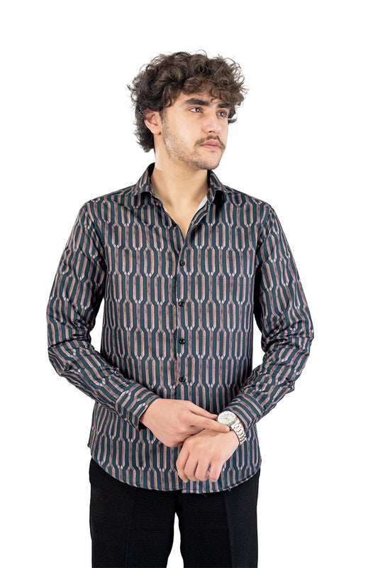 Navy Geometric Men's Digital Printed Satin Slim Fit Shirt
