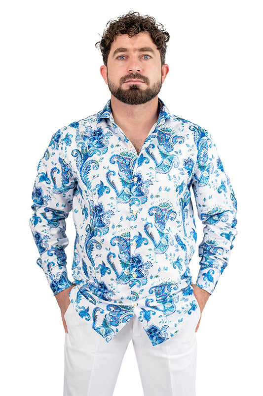 White Paisley Men's Digital Printed Satin Slim Fit Shirt