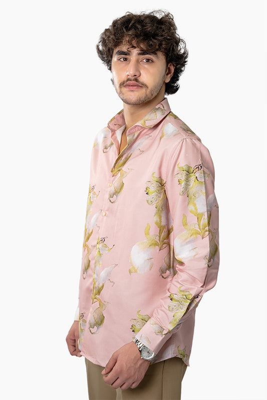 Pink Floral Men's Digital Printed Satin Slim Fit Shirt