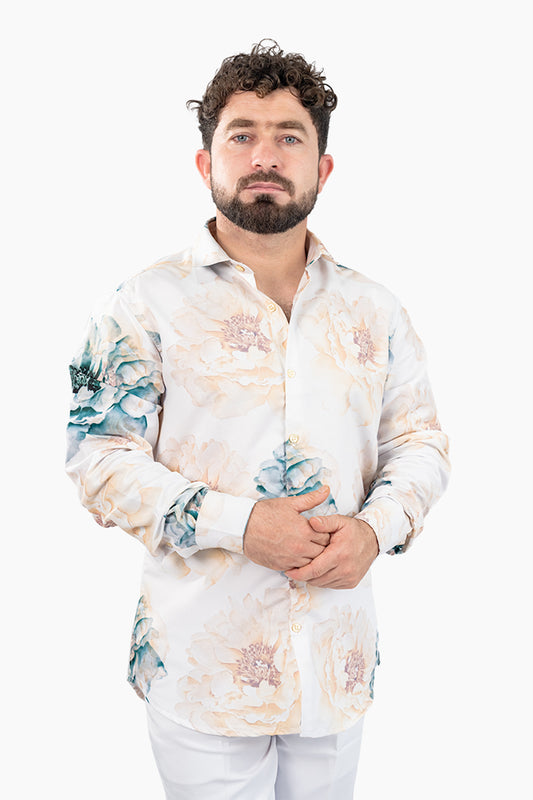 White Floral Men's Digital Printed Satin Slim Fit Shirt