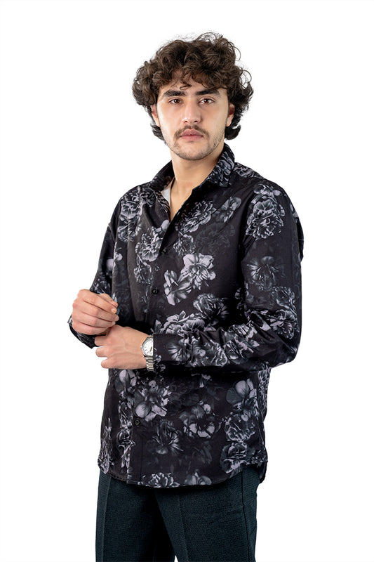 Black & White Floral Men's Digital Printed Satin Slim Fit Shirt