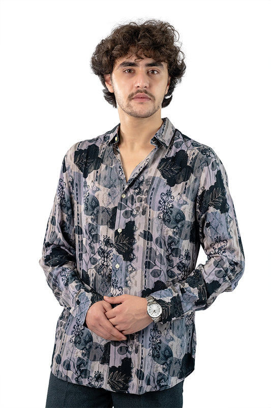 Navy Men's Digital Printed Satin Slim Fit Shirt