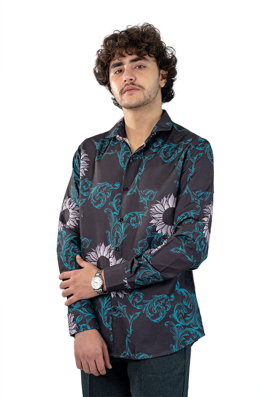 Navy Men's Digital Satin Printed Slim Fit Shirt