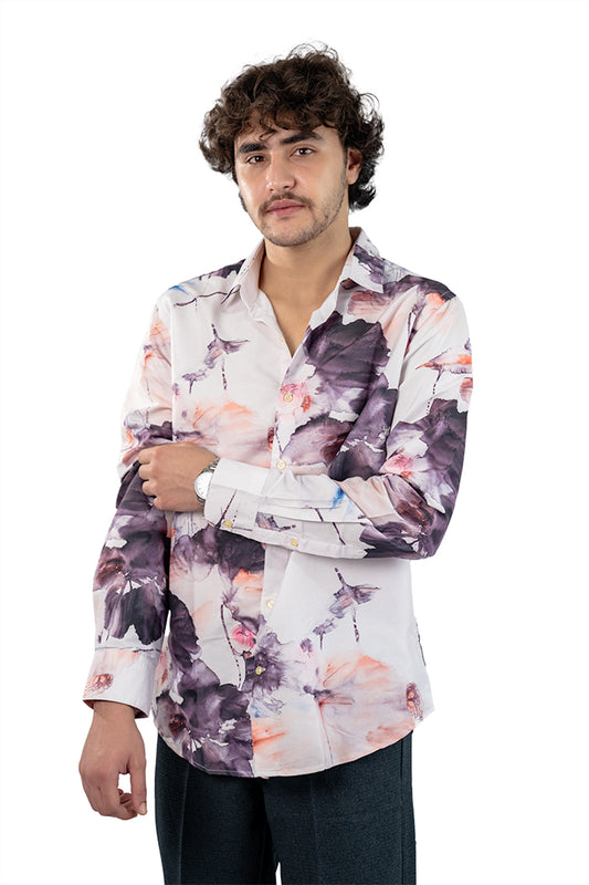 White Men's Digital Printed Satin Slim Fit Shirt