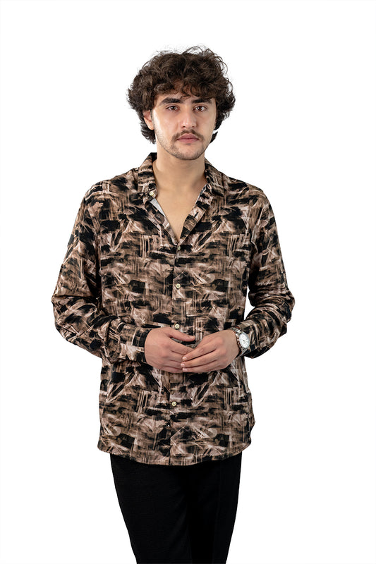 Brown Men's Digital Printed Satin Slim Fit Shirt