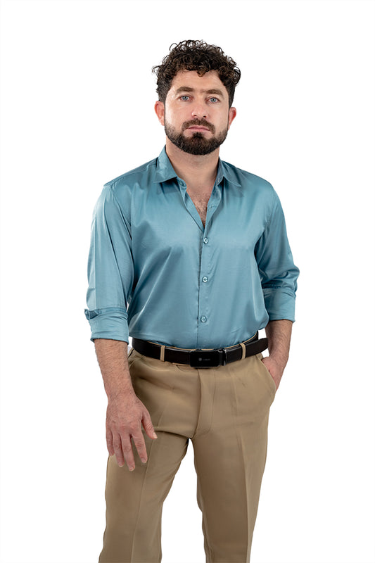 Teal Blue Men's Satin Slim Fit Shirt