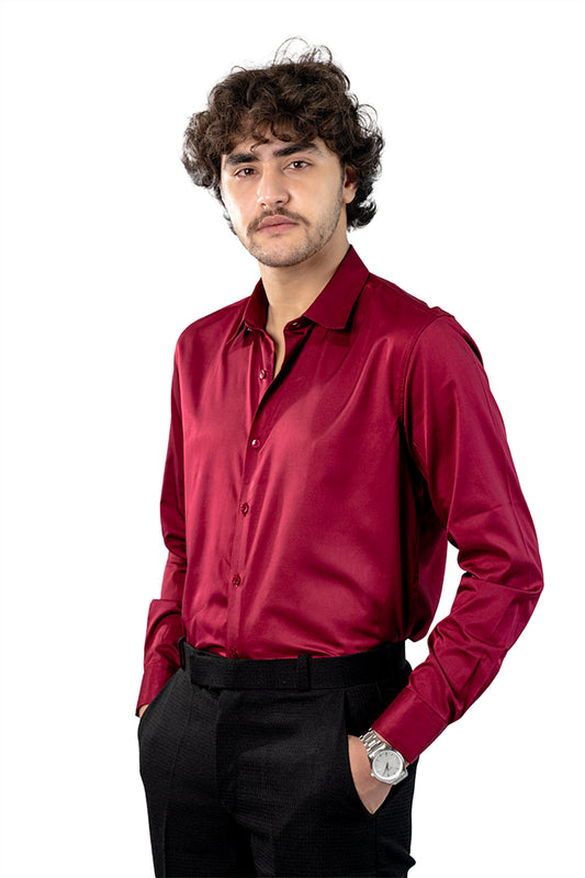 Maroon Men's Satin Slim Fit Shirt