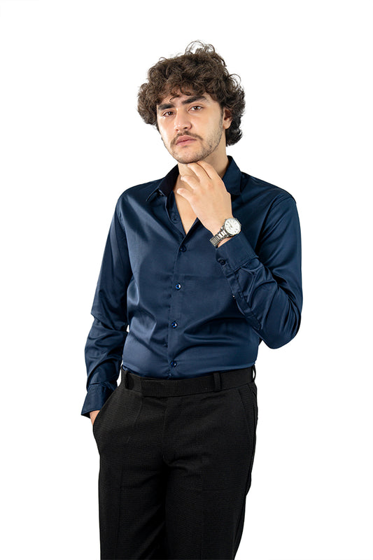 Navy Blue Men's Satin Slim Fit Shirt