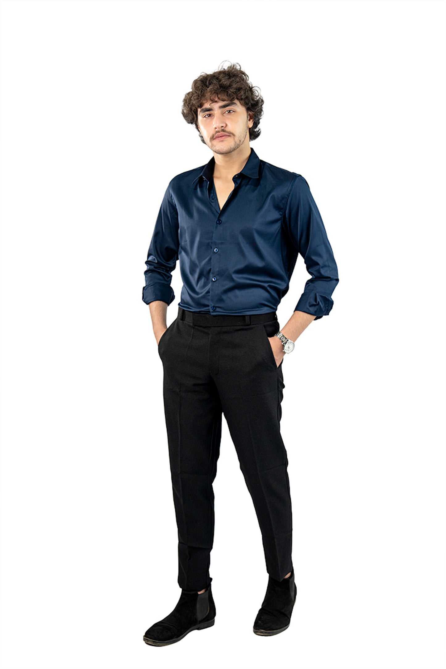 Navy Blue Men's Satin Slim Fit Shirt