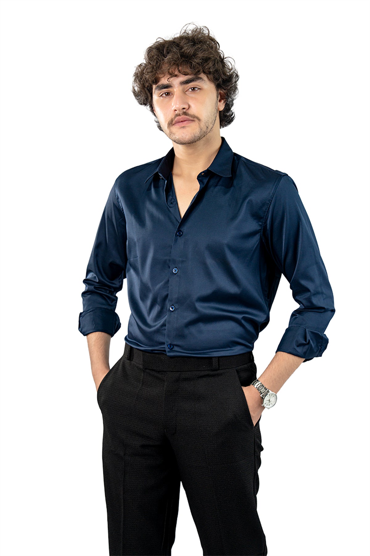 Navy Blue Men's Satin Slim Fit Shirt