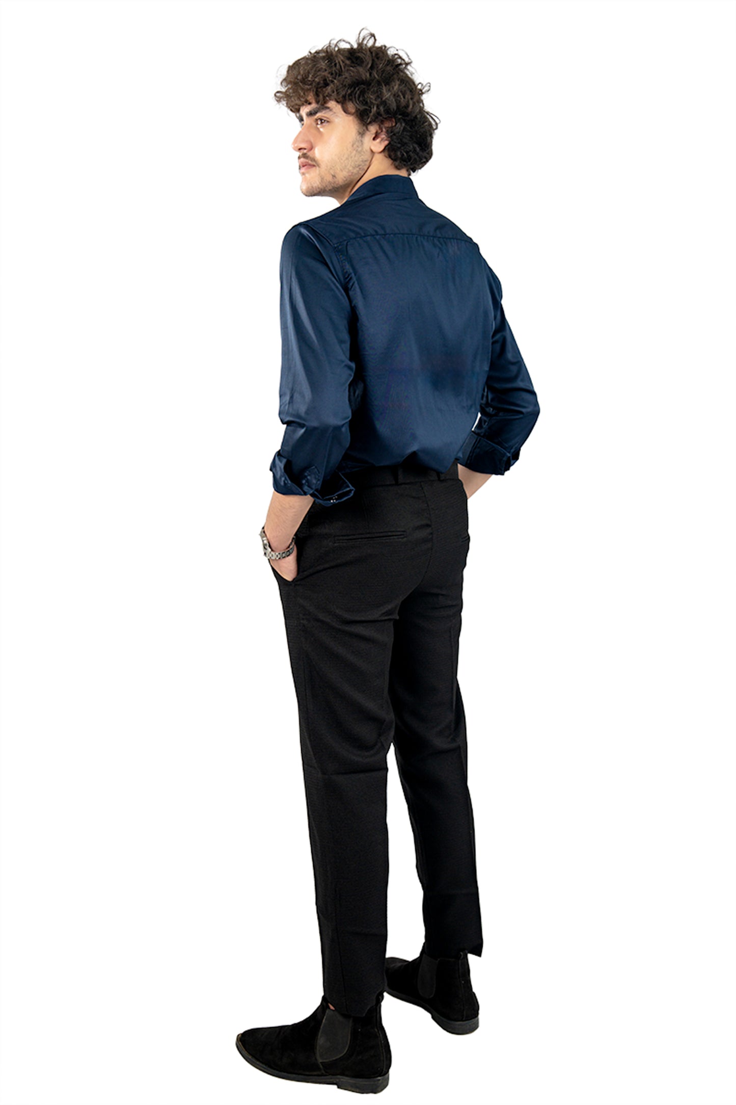Navy Blue Men's Satin Slim Fit Shirt