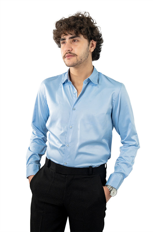 Light Blue Blue Men's Satin Slim Fit Shirt