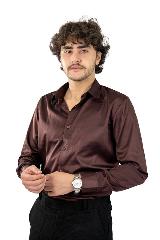Brown Men's Satin Slim Fit Shirt
