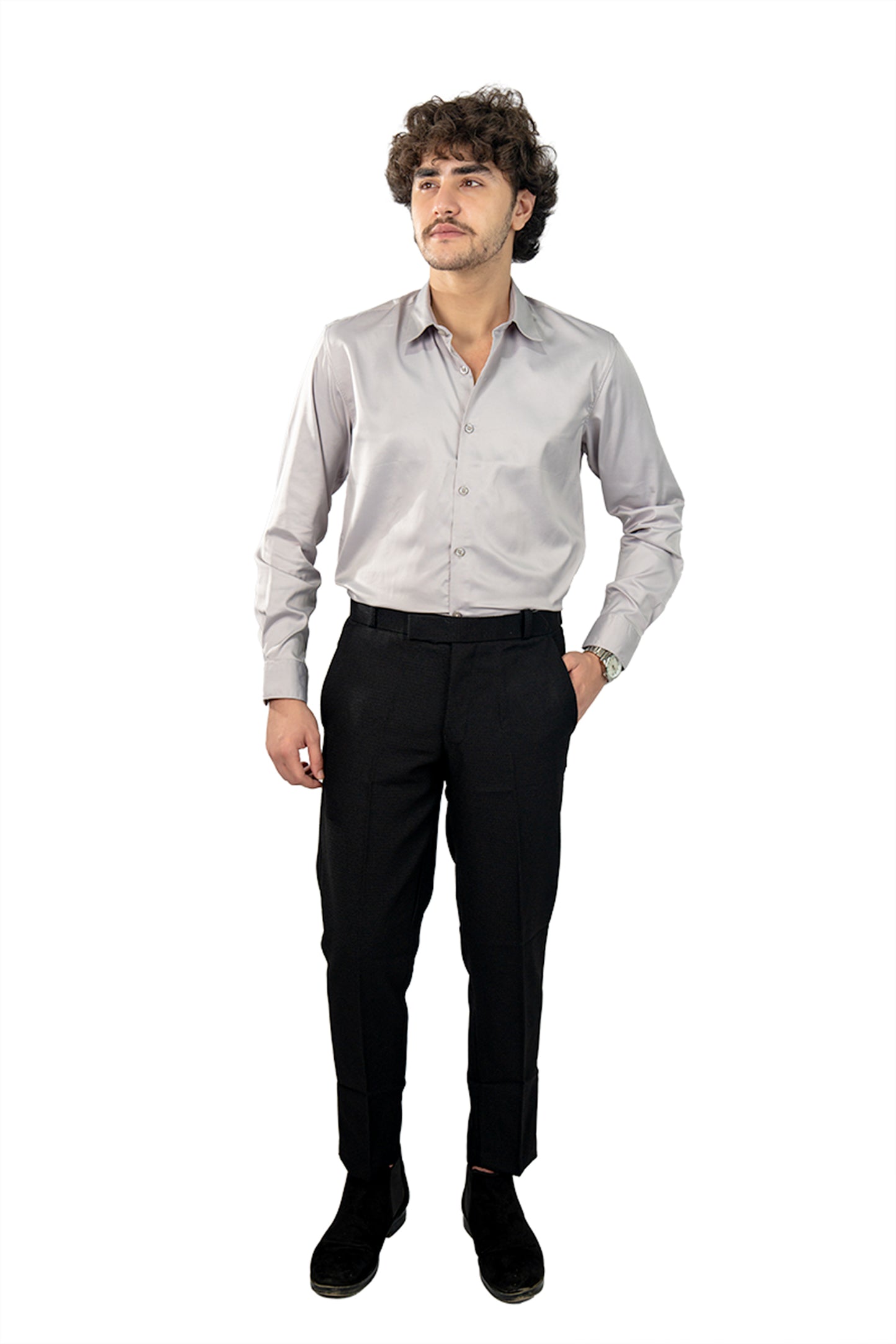 Light Grey Men's Satin Slim Fit Shirt