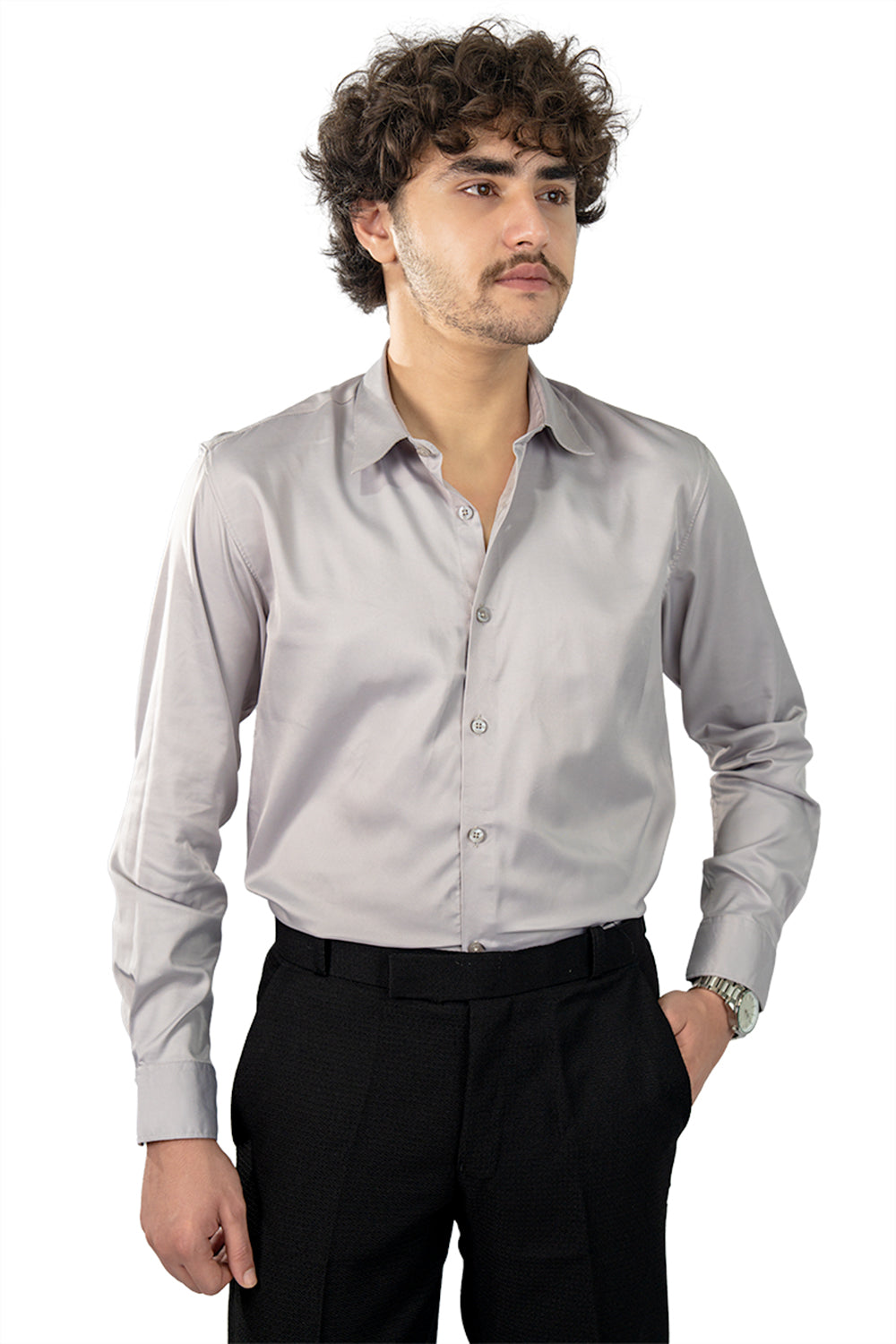 Light Grey Men's Satin Slim Fit Shirt