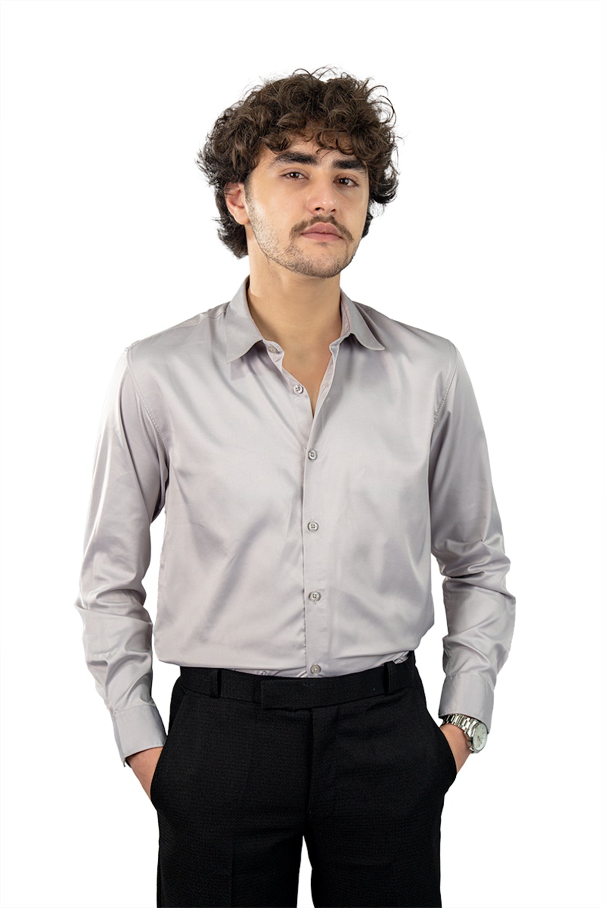 Light Grey Men's Satin Slim Fit Shirt