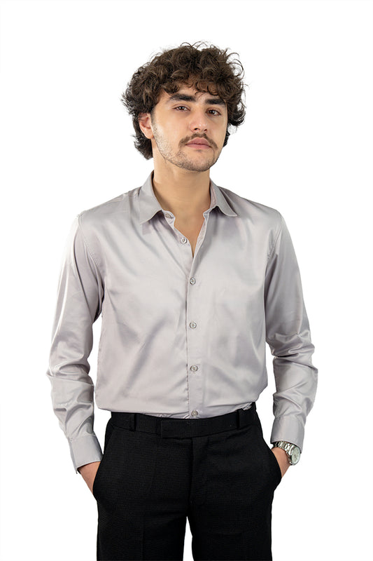 Light Grey Men's Satin Slim Fit Shirt