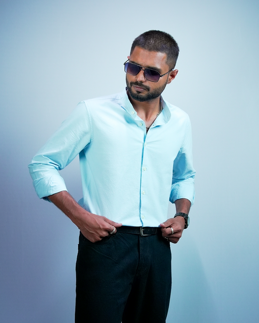 Sky Blue C-Collar Shirt for Men/Regular fit full Sleeve Plain Casual shirt