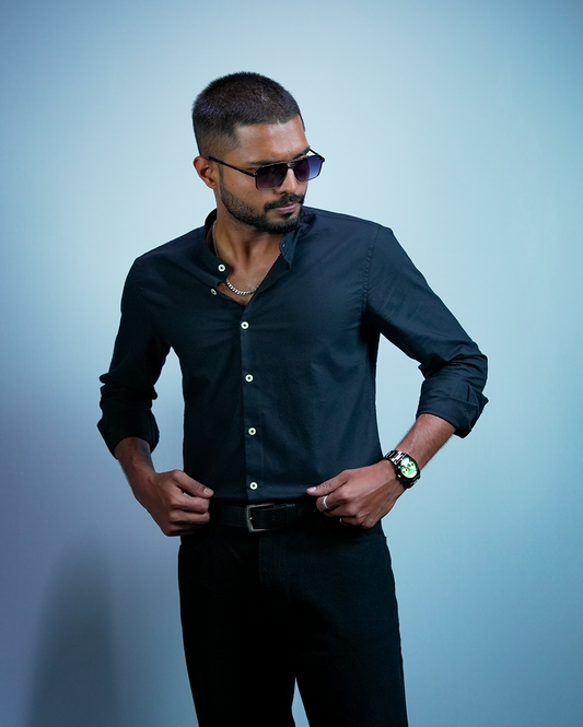 Black C-Collar Shirt for Men/Regular fit full Sleeve Plain Casual shirt