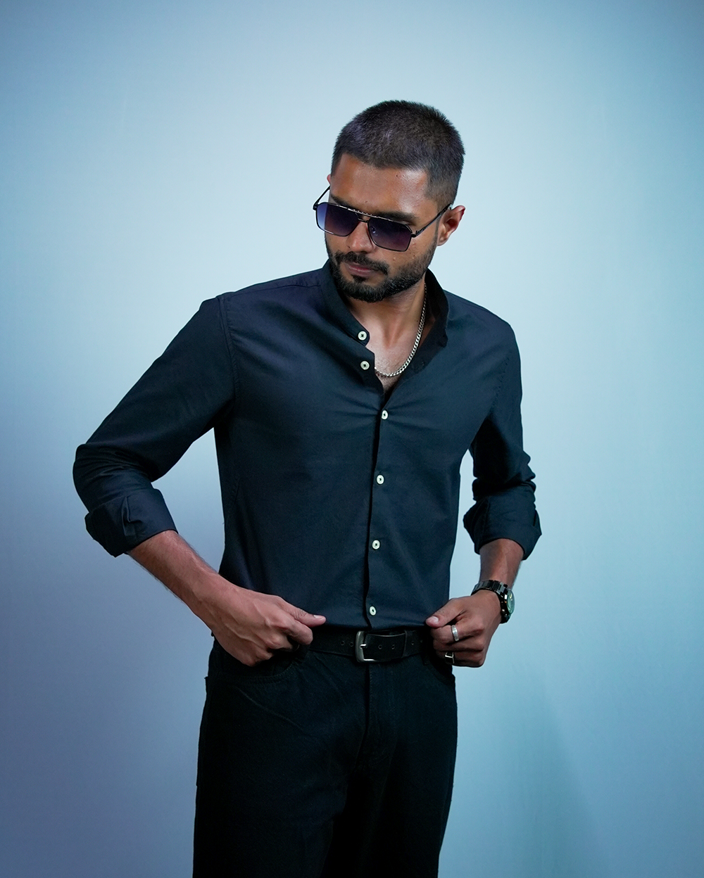 Black C-Collar Shirt for Men/Regular fit full Sleeve Plain Casual shirt