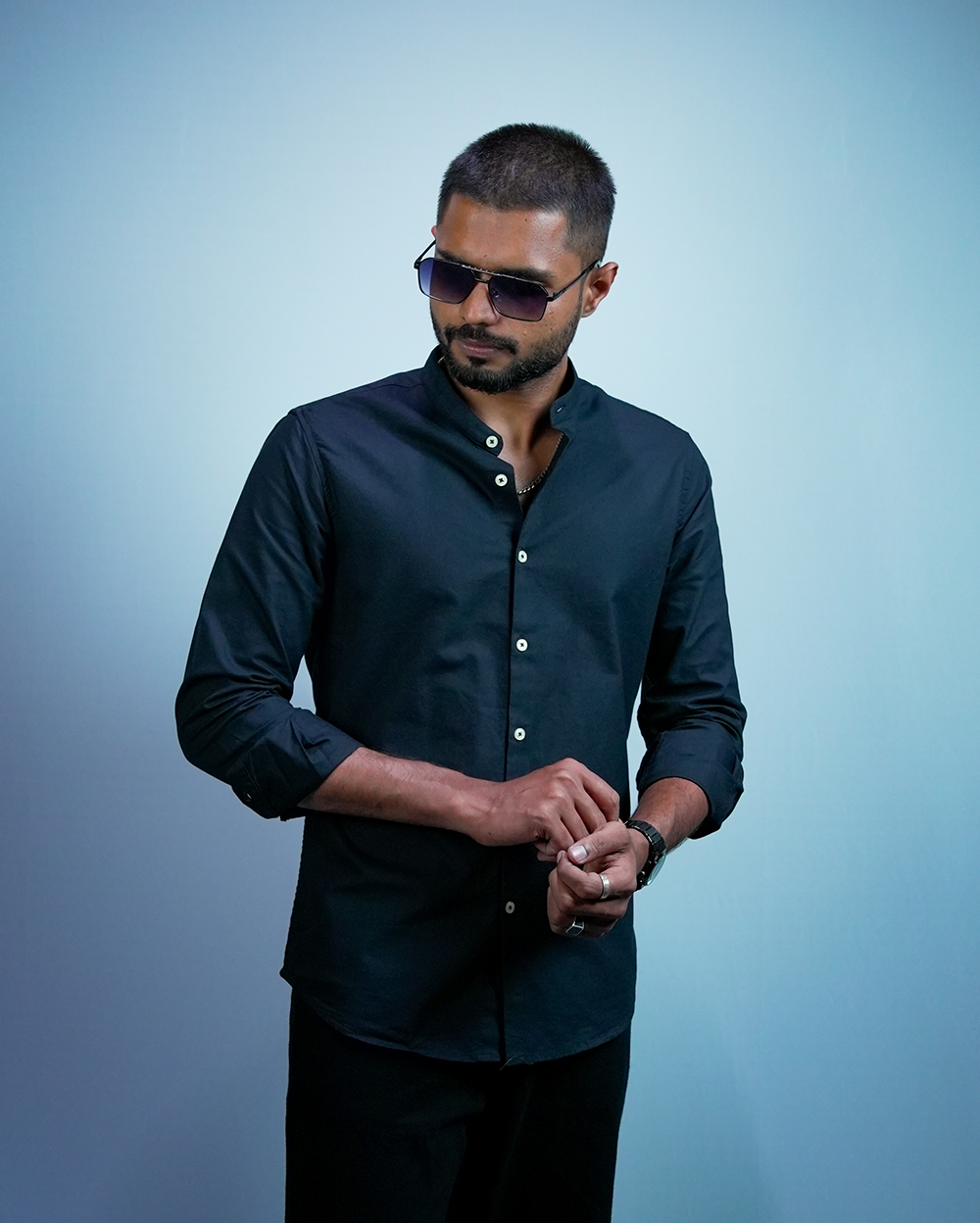 Black C-Collar Shirt for Men/Regular fit full Sleeve Plain Casual shirt